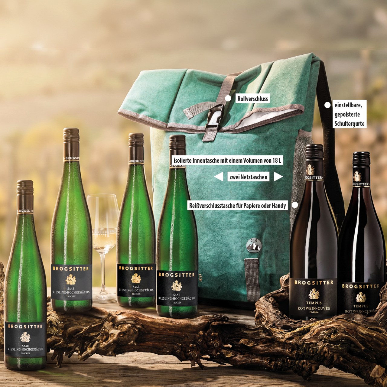 Im Paket: Brogsitter Weine und Thermo-Rucksack
