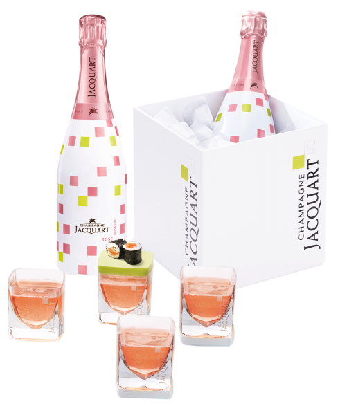 Champagne Jacquart ROSÉ & Designkühler dazu 4 avantgardistische Gläser